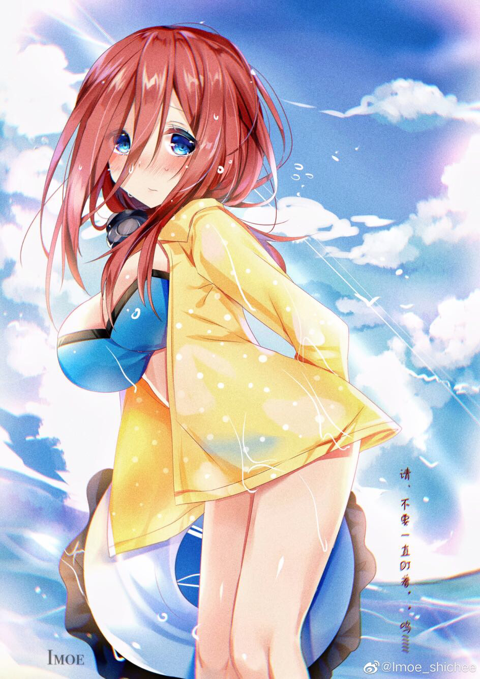 1girl arms_behind_back artist_name bangs bikini bird blue_bikini blue_eyes blue_innertube blue_sky blush breasts brown_hair chinese_commentary chinese_text cloud commentary_request embarrassed eyelashes flying_sweatdrops frilled_innertube frown full-face_blush furrowed_brow go-toubun_no_hanayome hair_between_eyes hair_over_shoulder head_tilt headphones highres imoe_(1017933989) innertube large_breasts leaning_forward legs light_rays long_hair looking_at_viewer nakano_miku ocean open_clothes open_shirt polka_dot polka_dot_shirt seagull shirt sky solo standing straight_hair sunlight swimsuit thighs twitter_username wet wet_clothes wet_hair wet_shirt yellow_shirt