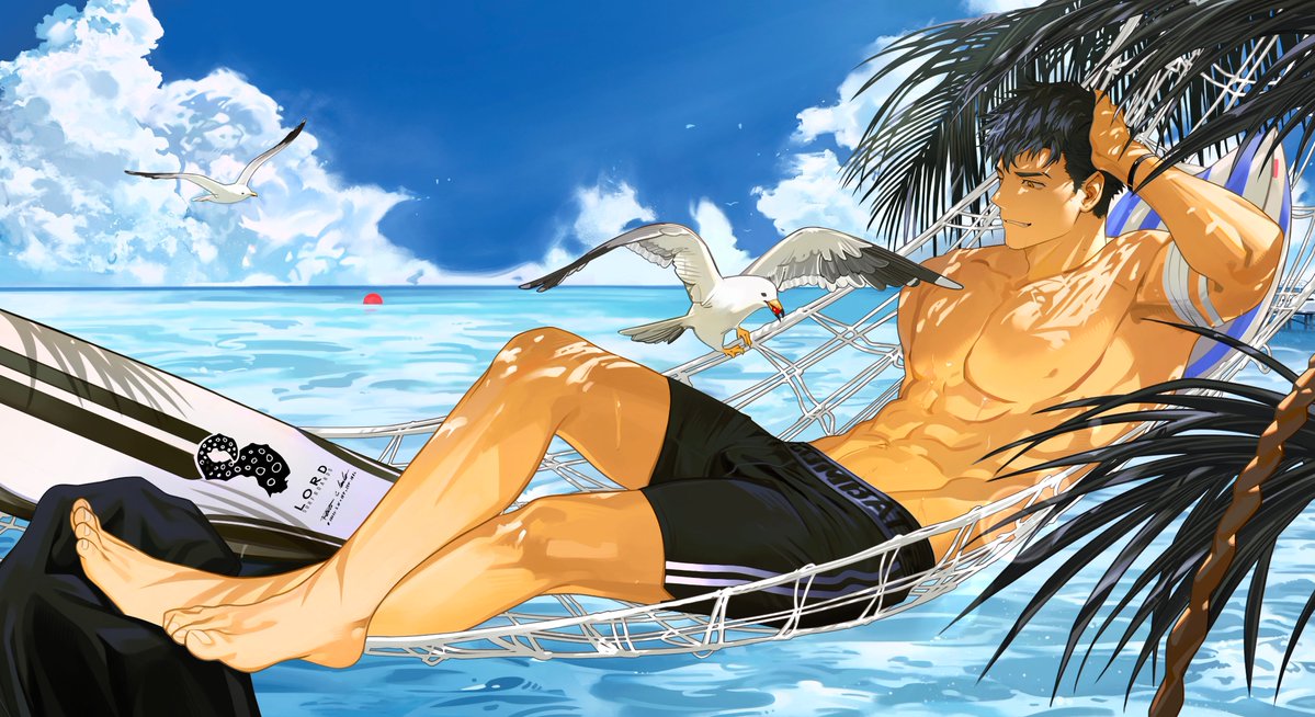 1boy abs animal bandaged_arm bandages beach bird black_hair black_male_swimwear cloud crossed_legs hammock large_pectorals male_focus male_swimwear muscular muscular_male navel nipples original outdoors pectorals short_hair sky smile solo surfboard tai_(tai_xwxy) topless_male water