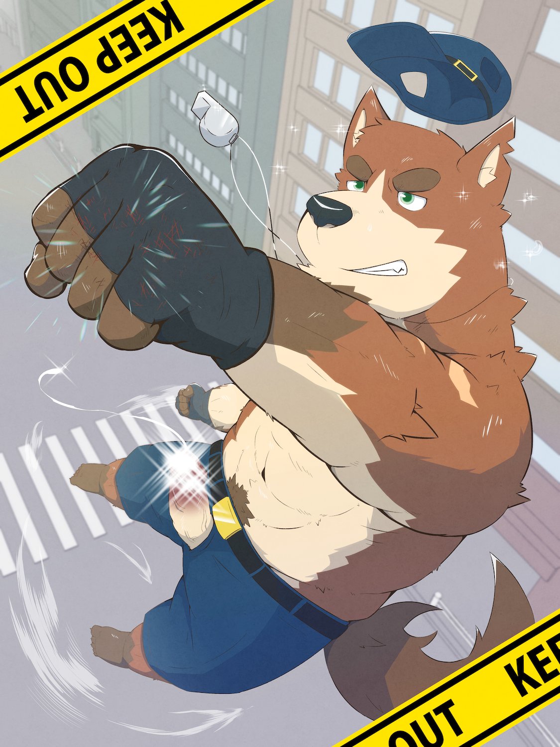 5_fingers anthro beard biceps body_hair brown_body brown_fur canid canine canis censored city city_background clothing detailed_background domestic_dog erection facial_hair fingerless_gloves fingers fist fur gloves green_eyes handwear hat headgear headwear hi_res in_the_air keep_out kenjn male mammal mosaic_censorship muscular muscular_anthro muscular_male nugg police police_dog police_officer polidog_patrol solo whistle_(object)