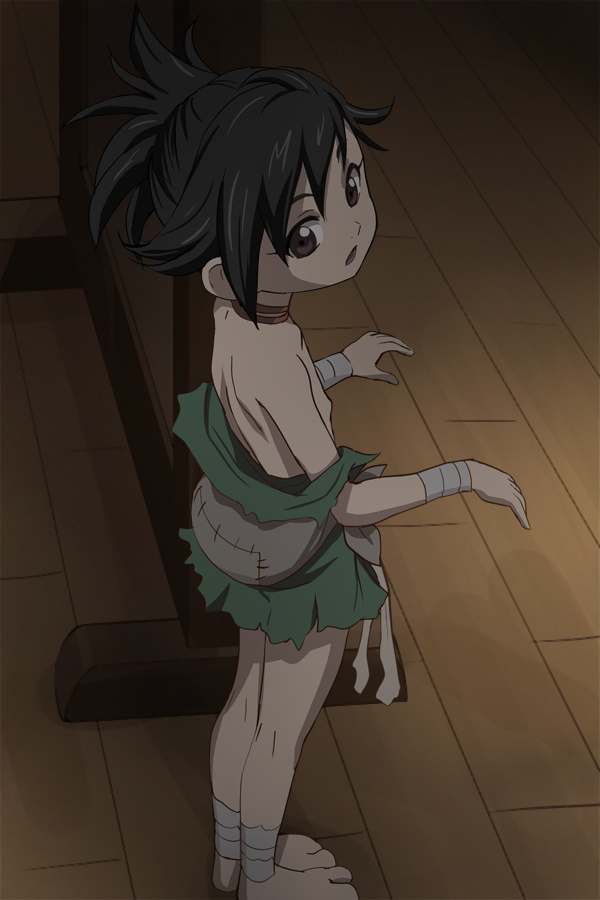 1girl bandaged_arm bandages bare_shoulders barefoot black_hair brown_eyes choker dororo_(character) dororo_(tezuka) flat_chest foot_out_of_frame haruyama_kazunori japanese_clothes looking_at_viewer open_mouth ponytail short_hair solo topless