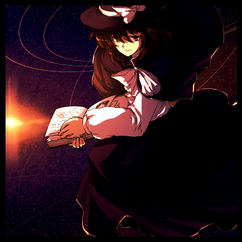1girl black_capelet black_headwear black_skirt book bow brown_eyes brown_hair capelet hat hat_bow holding holding_book long_sleeves looking_at_viewer magical_astronomy onimaru_gonpei puffy_sleeves shirt skirt sky smile solo star_(sky) starry_sky touhou usami_renko white_bow white_shirt