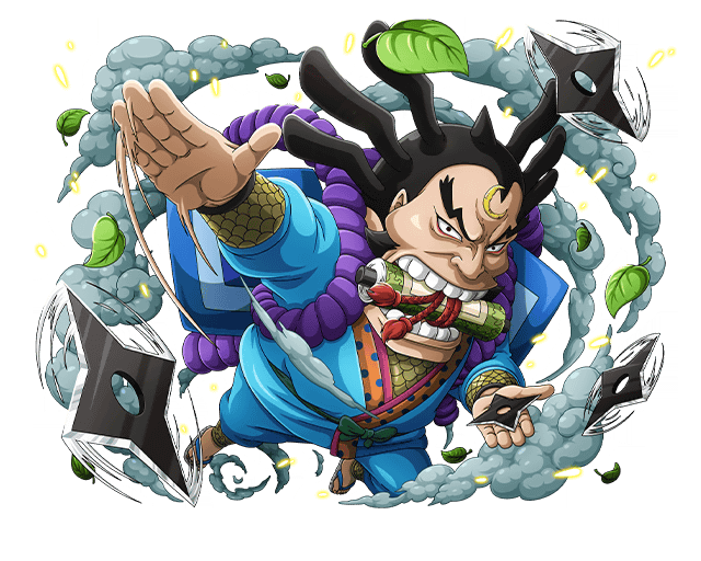 1boy black_hair character_request crescent japanese_clothes leaf official_art one_piece one_piece_treasure_cruise salute scroll shuriken straight-arm_salute teeth weapon