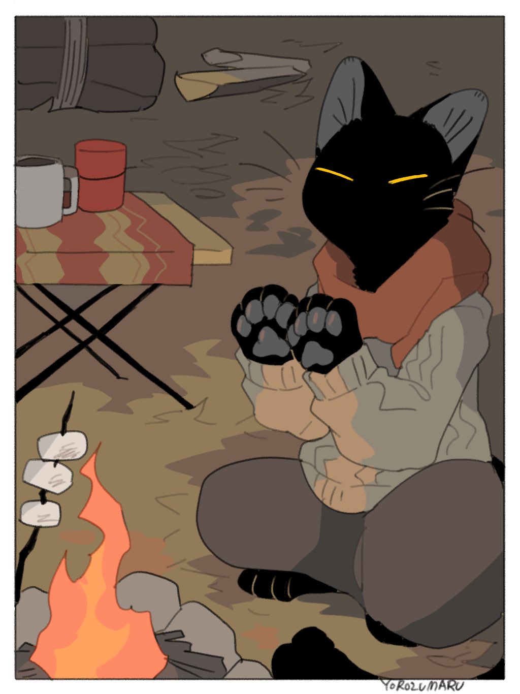ambiguous_gender anthro black_body campfire candy clothed clothing dessert domestic_cat eyes_closed felid feline felis fire food hi_res mammal marshmallow pawpads scarf solo whiskers yorozumaru