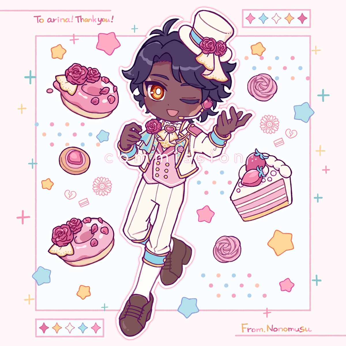 1boy :d ;d ascot black_hair blue_ribbon border broken_heart brown_footwear buttons cake cake_slice collar collared_shirt cookie dark-skinned_male dark_skin doughnut english_text flower food frilled_collar frills hands_up hat heart highres jacket kneehighs lapels leg_up male_focus nonokusu_(no2xnox) one_eye_closed orange_eyes original outside_border pants pink_border pink_flower pink_rose pink_vest ribbon rose shirt shoes short_hair simple_background smile socks solo sparkle star_(symbol) thick_eyebrows top_hat vest vitiligo white_background white_headwear white_jacket white_pants white_socks yellow_ascot