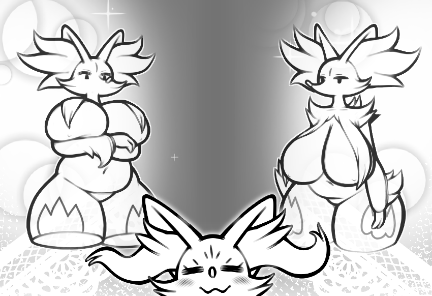 2023 :3 anthro belly big_breasts blush box_(hajimeyou654) braixen breast_squish breasts cheek_tuft chubby_anthro chubby_belly chubby_female clothed clothed/nude clothing delphox digital_drawing_(artwork) digital_media_(artwork) facial_tuft featureless_crotch female fur fur_pattern fur_tuft generation_6_pokemon group huge_breasts huge_hips huge_thighs inner_ear_fluff line_art mature_female monochrome navel nintendo nipples nude pokemon pokemon_(species) serious serious_face slightly_chubby smile sparkles squish thick_thighs trio tuft wide_hips