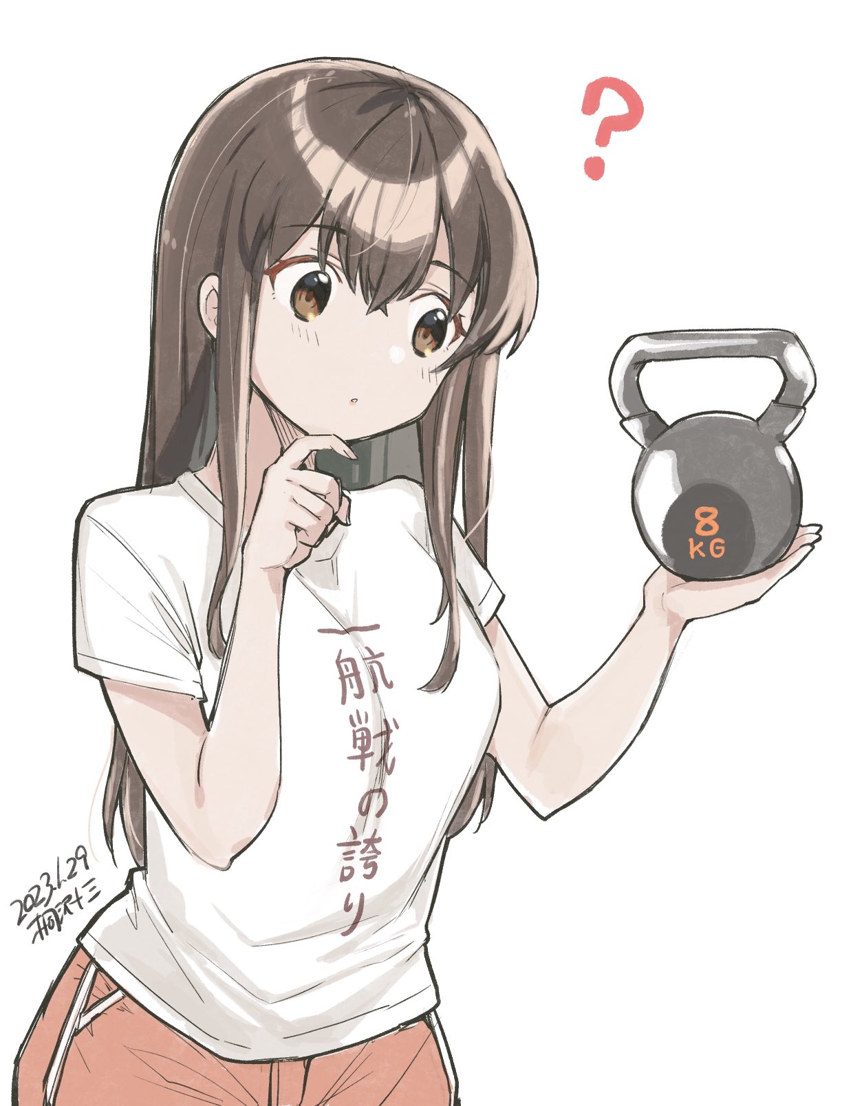 1girl ? akagi_(kancolle) alternate_costume brown_eyes brown_hair clothes_writing highres kantai_collection kettlebell kirisawa_juuzou long_hair red_shorts shirt shorts simple_background solo t-shirt white_background white_shirt