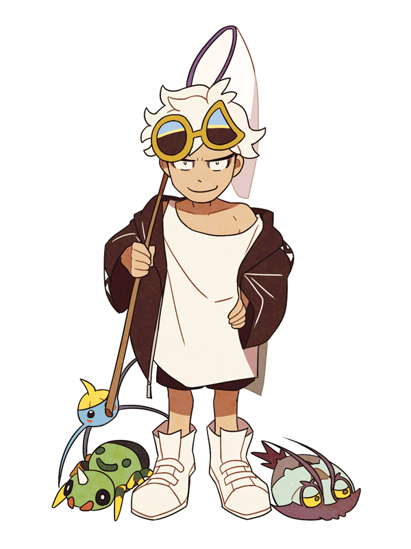 1boy aged_down black_eyes boots butterfly_net closed_mouth commentary guzma_(pokemon) hand_net hand_on_hip holding holding_butterfly_net jacket male_focus off_shoulder pokemon pokemon_(creature) pokemon_(game) pokemon_sm shirt short_hair shorts simple_background smile spinarak ssalbulre standing sunglasses surskit white_background white_footwear white_hair white_shirt wimpod yellow-framed_eyewear