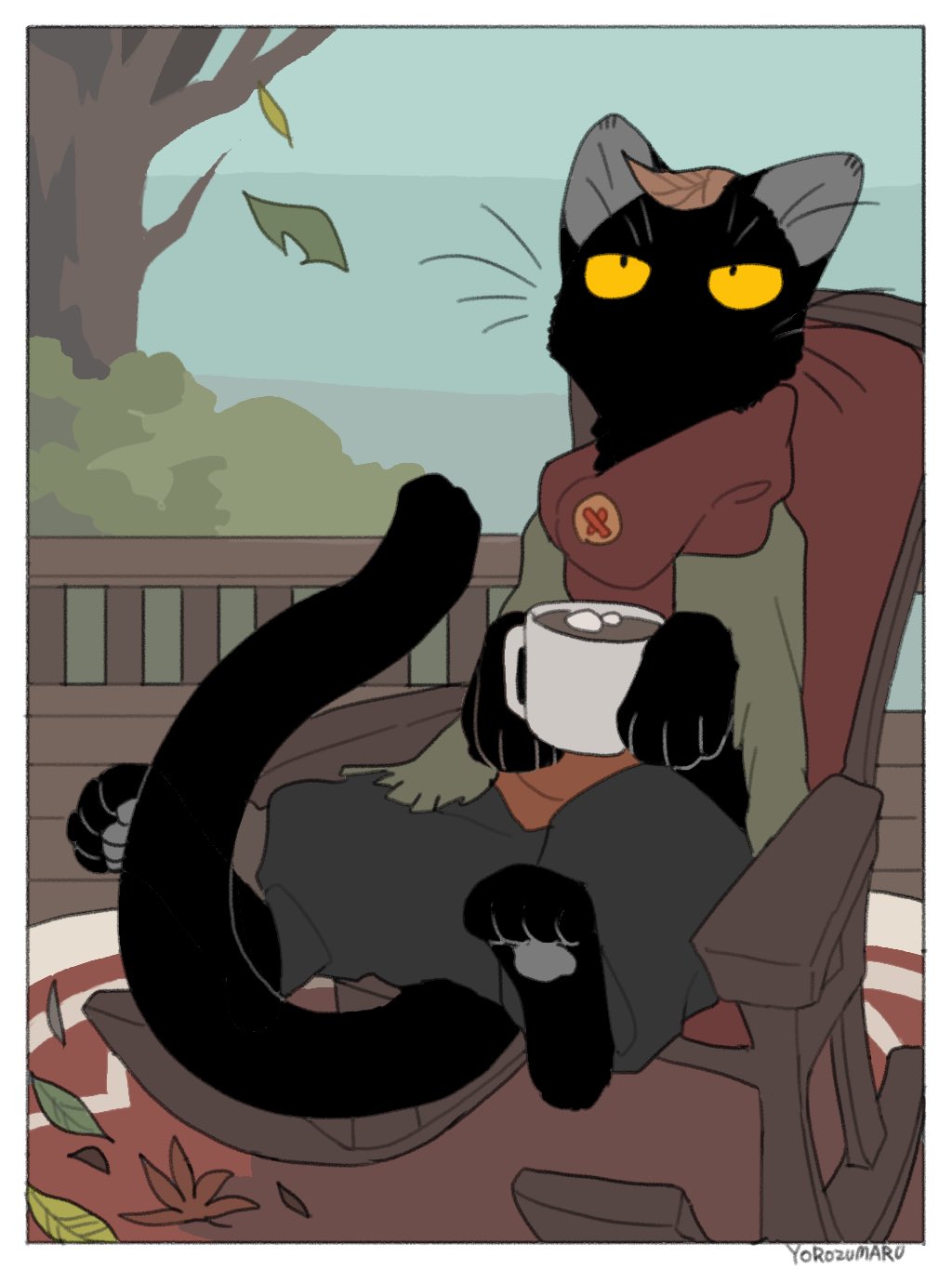 ambiguous_gender beverage black_body candy chair chocolate clothed clothing dessert domestic_cat felid feline felis feral food furniture hi_res hot_chocolate leaf mammal pawpads rocking_chair scarf solo tail whiskers yellow_eyes yorozumaru