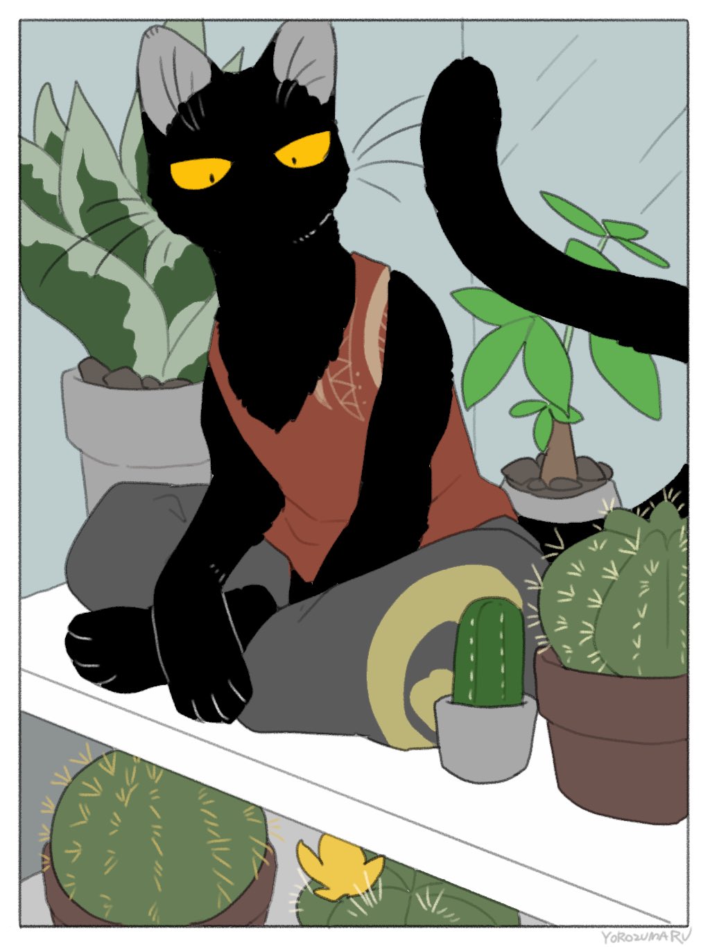 2021 ambiguous_gender anthro black_body cactus domestic_cat felid feline felis hi_res mammal paws plant solo tail whiskers yellow_eyes yorozumaru