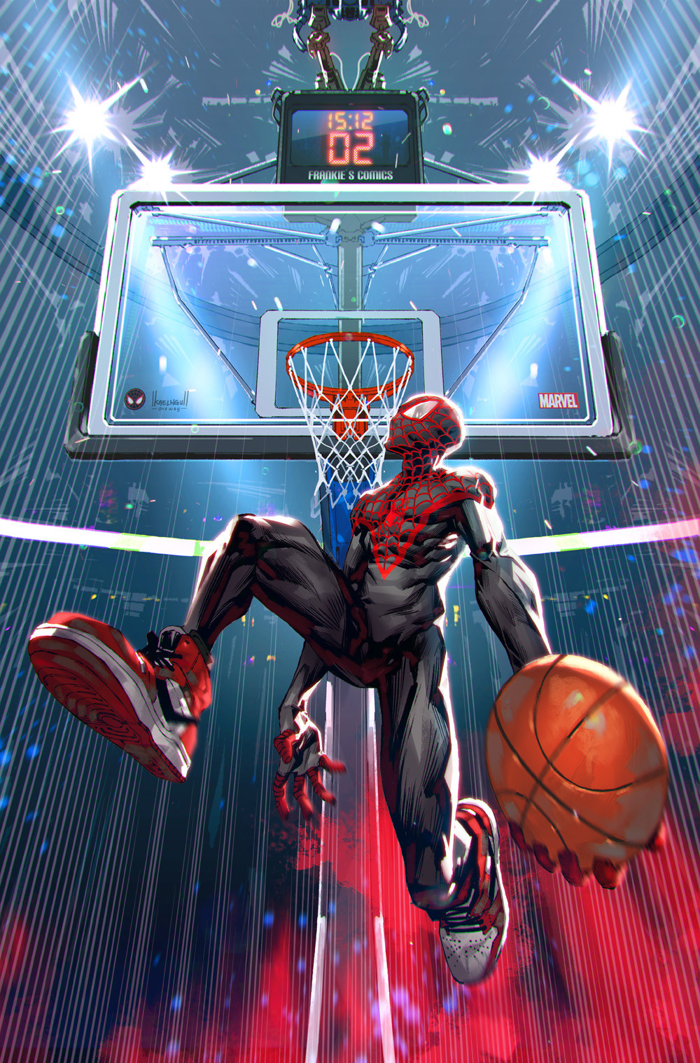 1boy ball basketball basketball_hoop clock comic_cover cover_image covered_abs full_body highres jumping kael_ngu marvel miles_morales muscular muscular_male official_art playing_sports red_footwear shoes skin_tight slam_dunk_(basketball) sneakers solo speed_lines spider-man_(miles_morales) spider-man_(series) spider_web_print superhero