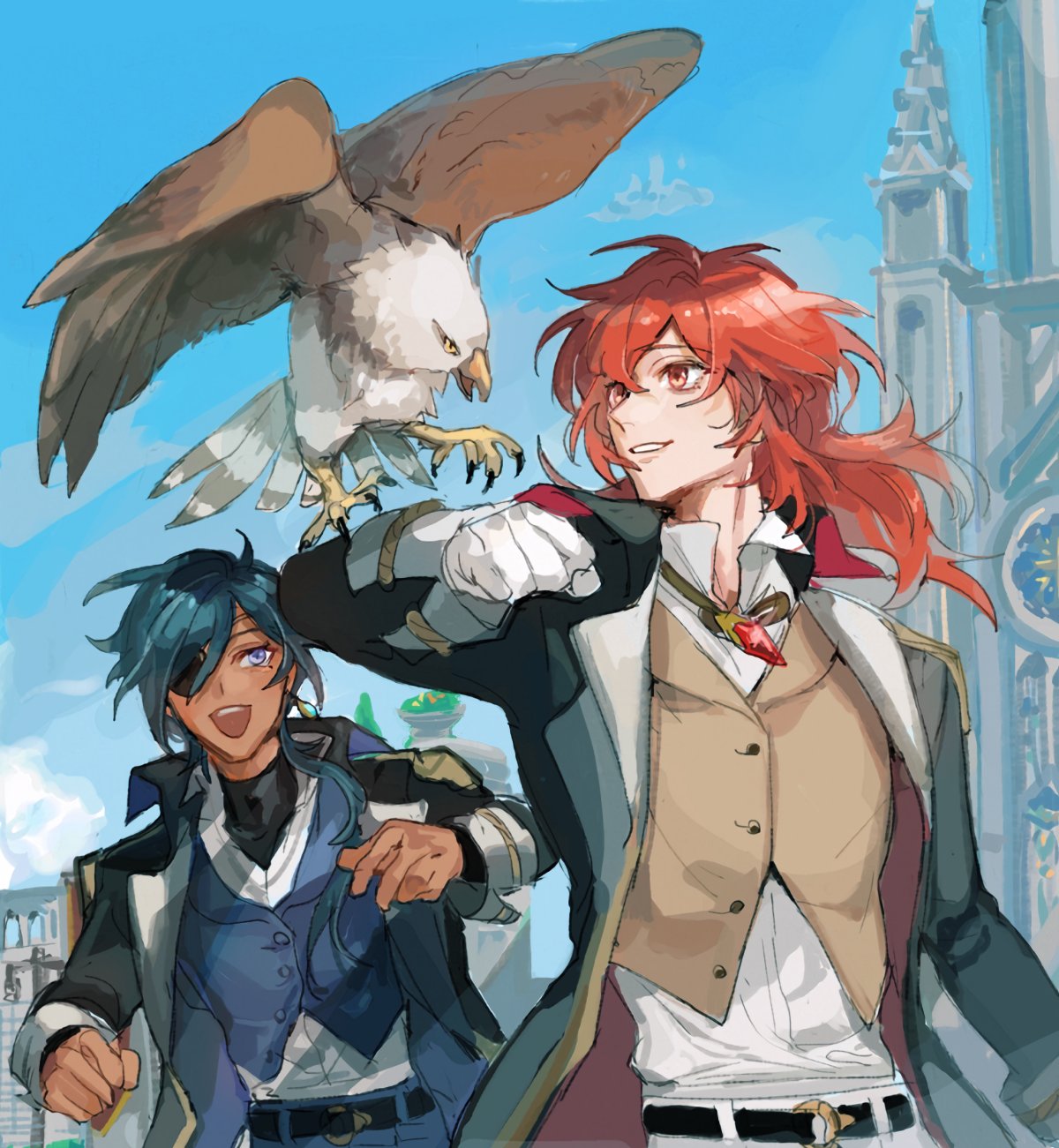 2boys :d animal_on_arm arm_up bangs belt bird bird_on_arm black_belt black_coat black_shirt blue_eyes blue_hair blue_pants blue_sky blue_vest blush brown_vest building buttons cathedral cloud coat collared_shirt commentary_request dark-skinned_male dark_skin day diluc_(genshin_impact) eyepatch floating_hair gem genshin_impact hair_between_eyes hair_over_shoulder hawk highres jewelry kaeya_(genshin_impact) lapels long_hair long_sleeves looking_to_the_side low_ponytail male_focus multiple_boys necklace one_eye_covered open_clothes open_coat open_mouth outdoors pants parted_lips ponytail red_eyes red_hair shirt sidelocks sky sleeve_cuffs smile standing teeth turtleneck ui_(gnu_isn) undershirt upper_teeth_only vest white_pants white_shirt
