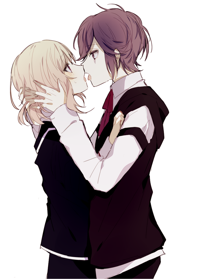 1boy 1girl blonde_hair blush diabolik_lovers facing_another kiss komori_yui leaning_in long_sleeves medium_hair pants purple_eyes purple_hair sakamaki_kanato school_uniform short_hair skirt skunlv tongue tongue_out white_background