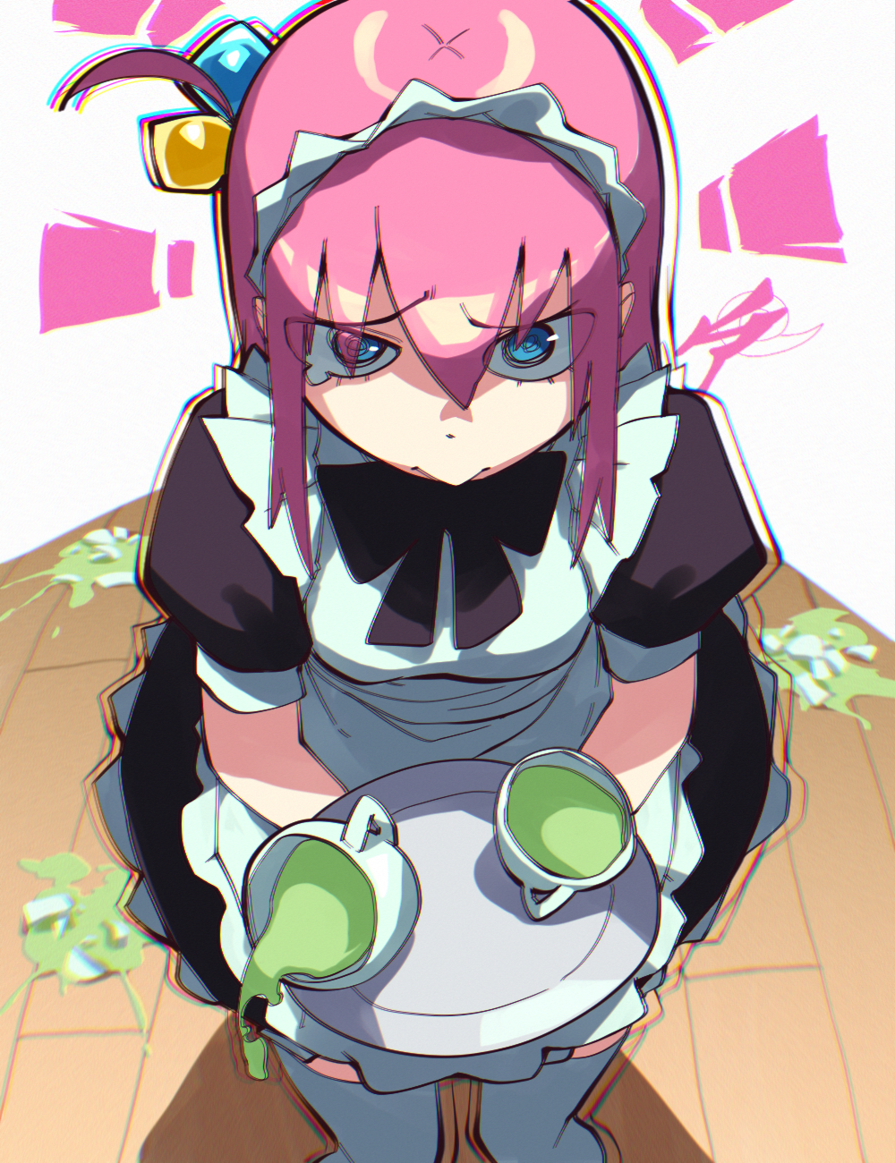 1girl aetherion alternate_costume apron black_bow black_dress blue_eyes bocchi_the_rock! bow bowtie broken_cup cup dress enmaided gotou_hitori hair_between_eyes hair_ornament highres holding holding_tray long_hair maid mug pink_hair solo tearing_up thighhighs tray white_apron white_thighhighs