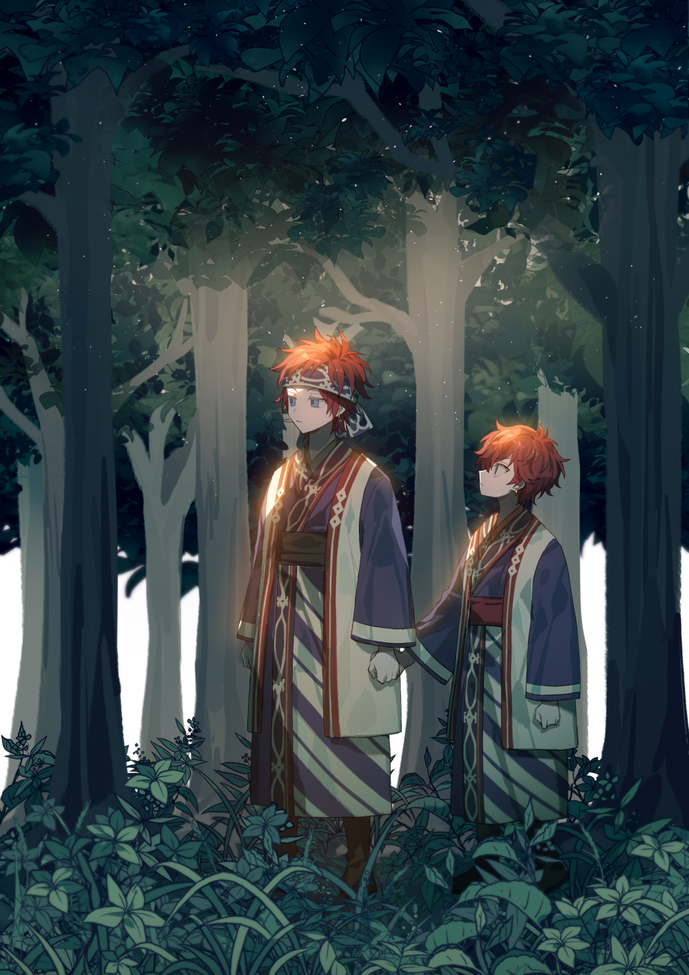 2boys amagi_hiiro amagi_rinne bishounen black_footwear blue_eyes brothers earrings ensemble_stars! forest headband highres holding_hands japanese_clothes jewelry leaf light_particles male_focus multiple_boys nature outdoors plant red_hair sakuraihum serious short_hair siblings tree walking white_sky