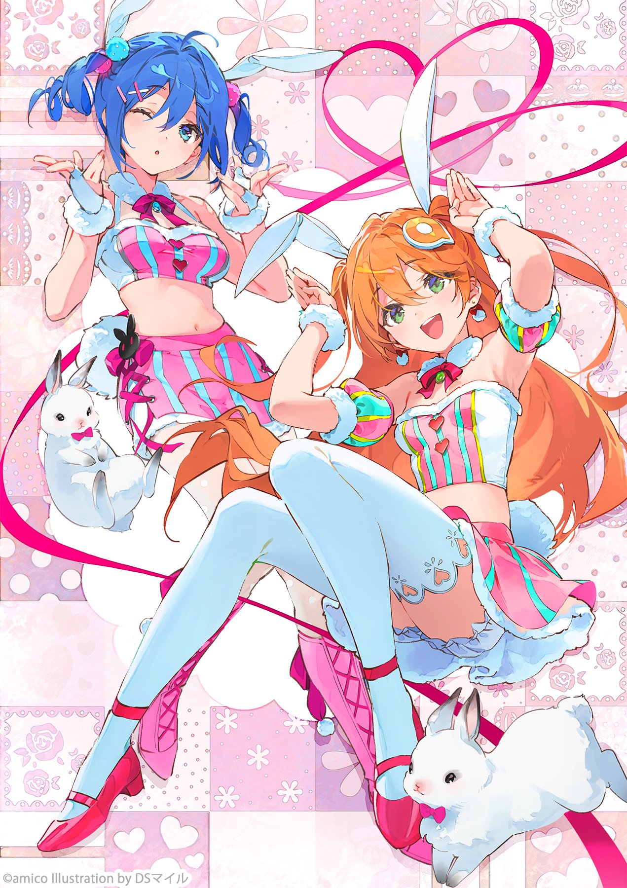 2girls :d :o amiami_(company) amico animal_ears arm_cuffs blue_eyes blue_hair bow bowtie brooch dsmile fingerless_gloves frills full_body gloves green_eyes hair_ornament hairclip highres jewelry lilco long_hair looking_at_viewer multiple_girls navel one_eye_closed open_mouth orange_hair pink_footwear rabbit rabbit_ears rabbit_tail red_bow red_footwear ribbon shorts sidelocks single_fingerless_glove skirt smile strap striped striped_skirt striped_tank_top tail tank_top thighhighs twintails white_shorts white_thighhighs