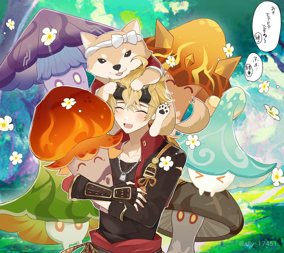 1boy :d :p ^_^ animal_on_head ari_(bleum) artist_name bangs black_gloves black_shirt blonde_hair blush bow closed_eyes collarbone commentary_request cropped_jacket crossed_bangs day dog dog_on_head dog_tags fake_horns fingerless_gloves flower forest fungi_(genshin_impact) genshin_impact gloves hair_between_eyes headband horned_headwear horns hug jacket jewelry long_hair low_ponytail nature necklace on_head open_clothes open_jacket open_mouth outdoors pawpads ponytail red_jacket rope shiba_inu shirt sidelocks sleeves_rolled_up smile speech_bubble taroumaru_(genshin_impact) tassel thoma_(genshin_impact) tongue tongue_out translation_request tree twitter_username white_bow white_flower white_headband