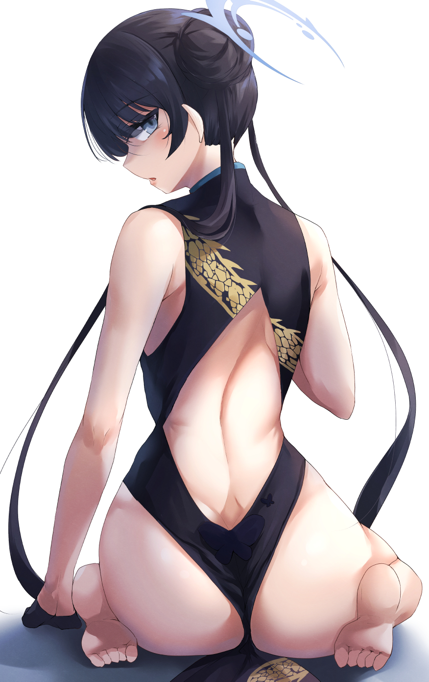 1girl ass back bangs bare_shoulders barefoot black_dress black_gloves black_hair blue_archive blue_eyes braid braided_bun breasts butterfly_hair_ornament china_dress chinese_clothes double_bun dragon_print dress gloves grey_eyes hair_bun hair_ornament halo highres ibara_azuki kisaki_(blue_archive) long_hair looking_at_viewer looking_back pelvic_curtain print_dress short_dress side_slit sitting sleeveless sleeveless_dress small_breasts solo twintails wariza white_background