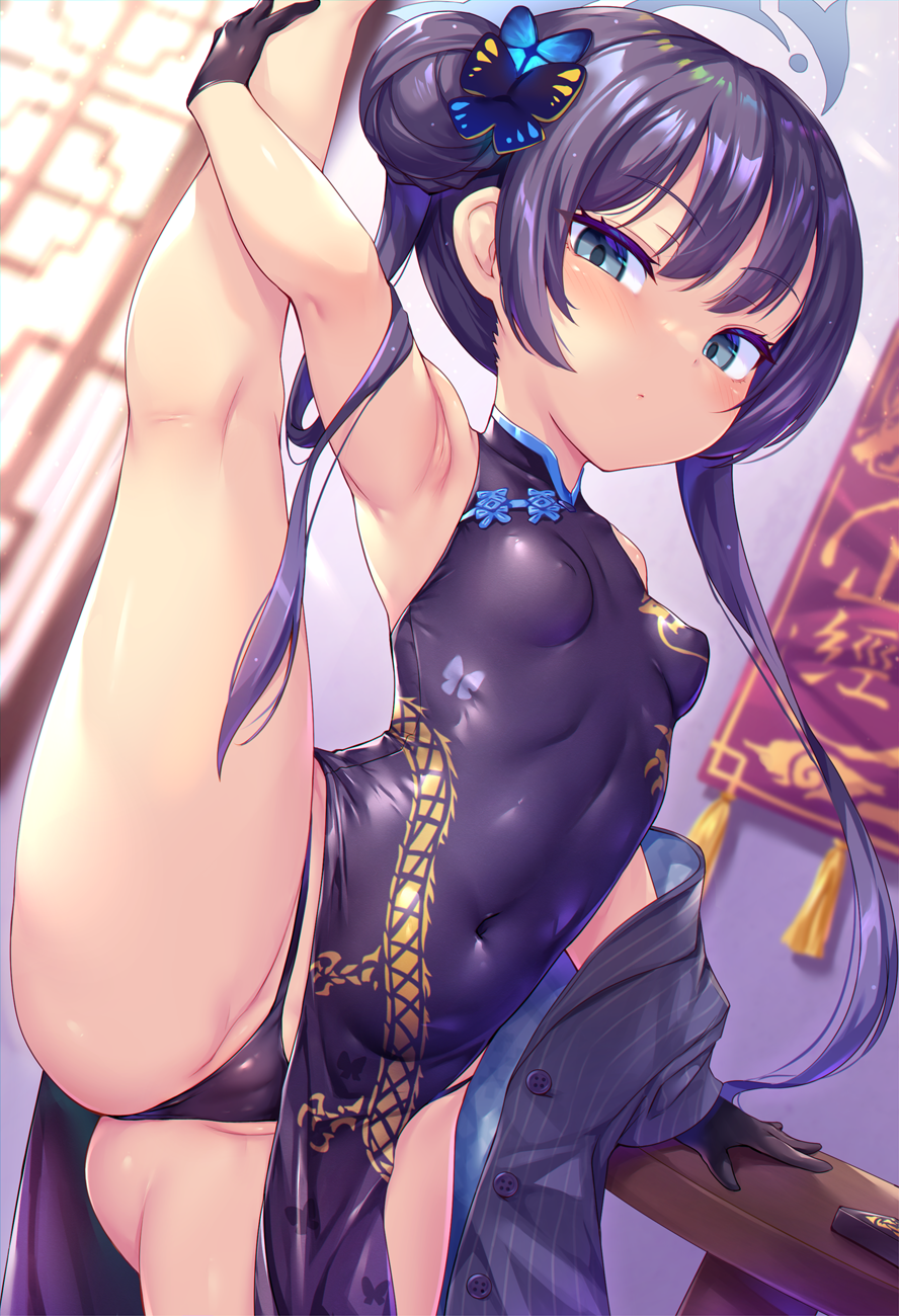 1girl bangs bare_shoulders black_coat black_dress black_gloves black_hair black_panties blue_archive blue_eyes braid braided_bun breasts butterfly_hair_ornament china_dress chinese_clothes coat double_bun dragon_print dress gloves grey_eyes hair_bun hair_ornament halo highres kisaki_(blue_archive) kneepits leg_hold leg_lift leg_up long_hair long_sleeves looking_at_viewer off_shoulder open_clothes open_coat panties pelvic_curtain pinstripe_pattern print_dress short_dress side_slit sleeveless sleeveless_dress small_breasts solo split standing standing_on_one_leg standing_split striped toraishi_666 twintails underwear vertical-striped_coat