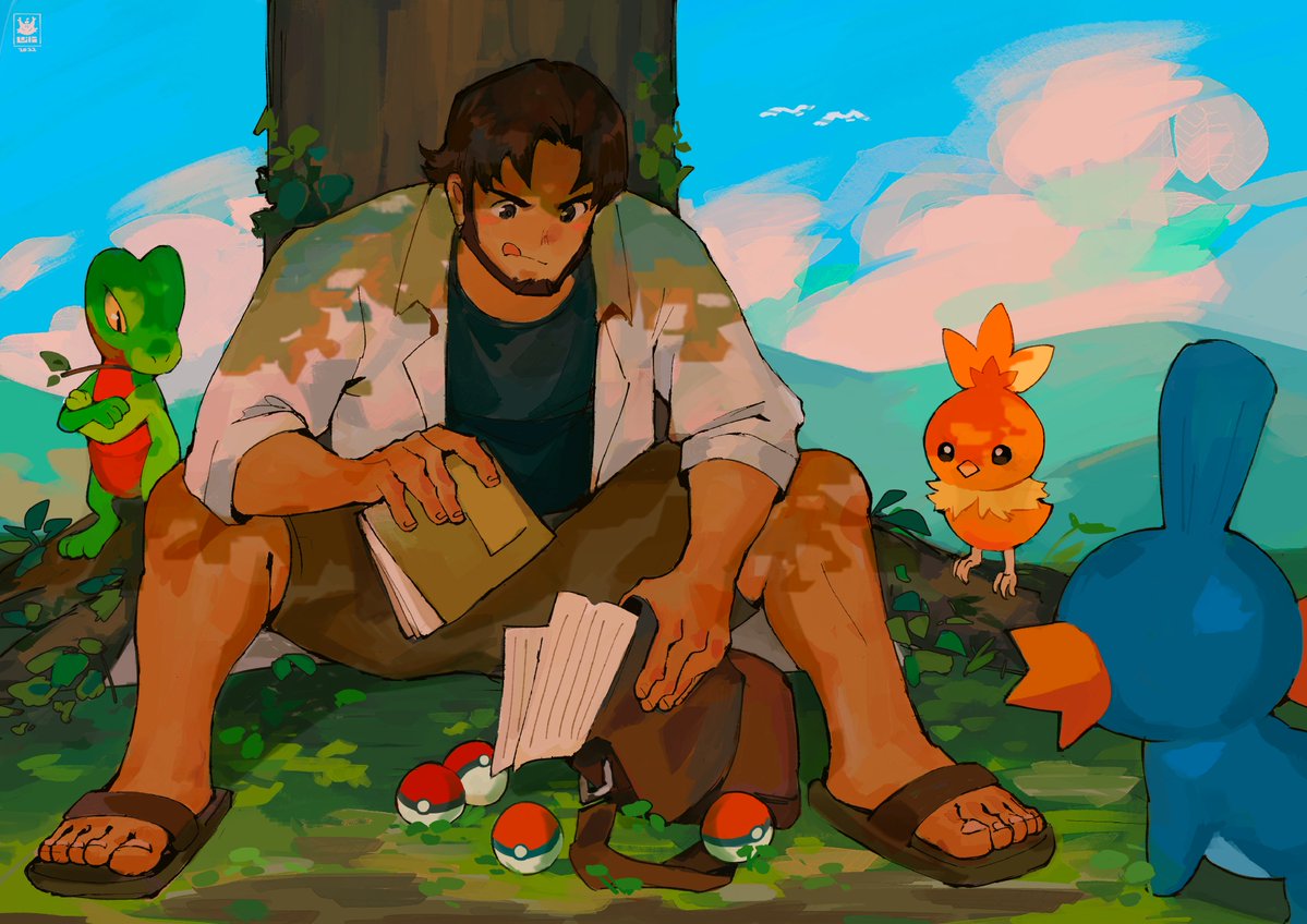 1boy :q beard birch_(pokemon) book brown_bag brown_footwear brown_hair brown_shorts coat commentary day english_commentary facial_hair grass holding holding_book lapstle looking_down male_focus mudkip open_clothes open_coat outdoors pokemon pokemon_(creature) pokemon_(game) pokemon_rse sandals shirt short_hair shorts sitting starter_pokemon_trio t-shirt toes tongue tongue_out torchic tree treecko