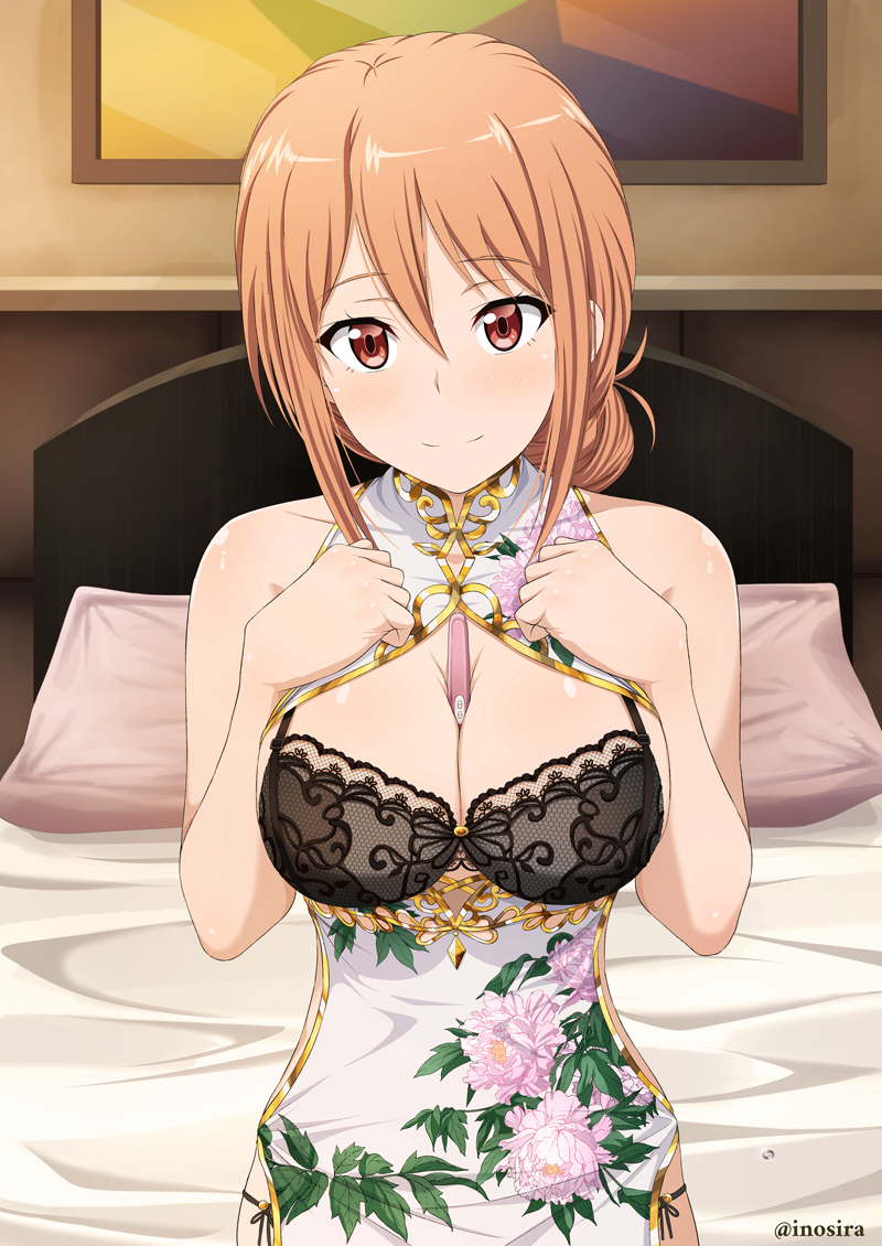 1girl bangs bed between_breasts black_bra bra breasts cleavage closed_mouth covered_collarbone dress floral_print hair_between_eyes hands_up indoors inoshira large_breasts light_smile looking_at_viewer mature_female orange_hair painting_(object) panties pillow pregnancy_test red_eyes side-tie_panties sleeveless sleeveless_dress solo twitter_username underwear upper_body white_dress yahari_ore_no_seishun_lovecome_wa_machigatteiru. yuigahama_yui's_mother