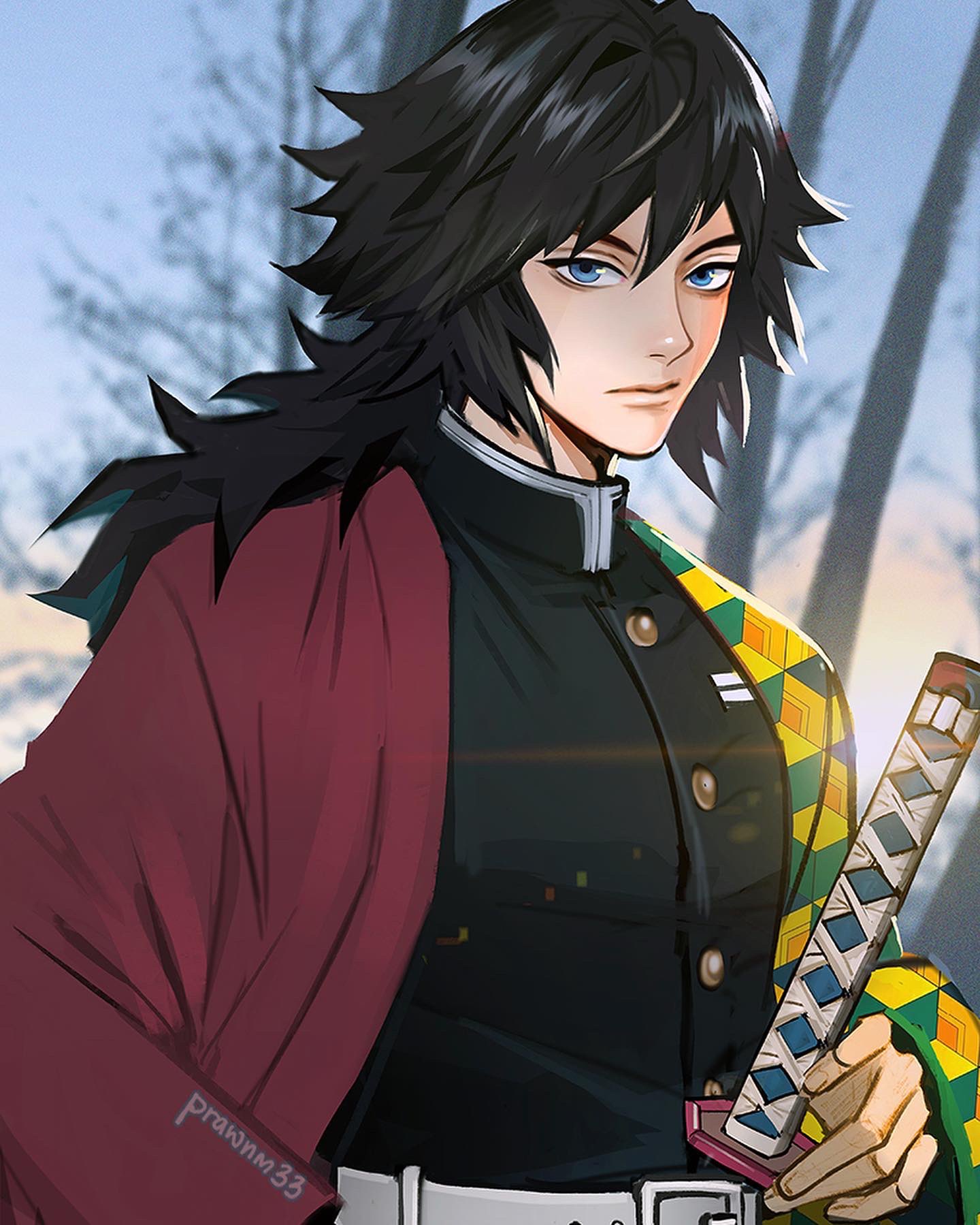 1boy artist_name bangs belt black_hair blue_eyes blurry blurry_background closed_mouth demon_slayer_uniform depth_of_field hair_between_eyes haori highres holding japanese_clothes katana kimetsu_no_yaiba long_hair looking_at_viewer male_focus mistermagnolia outdoors snow solo standing sunlight swept_bangs sword tomioka_giyuu tree upper_body weapon white_belt