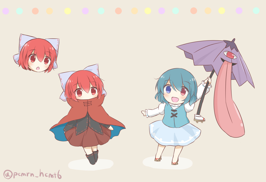 2girls :d black_shirt blue_hair blue_skirt blue_vest bow brown_background chibi commentary_request disembodied_head full_body geta hair_bow heterochromia holding holding_umbrella karakasa_obake long_sleeves looking_at_viewer multiple_girls multiple_heads open_mouth puchimirin purple_umbrella red_hair red_skirt sekibanki shirt short_hair simple_background skirt smile tatara_kogasa tongue touhou twitter_username umbrella vest white_shirt