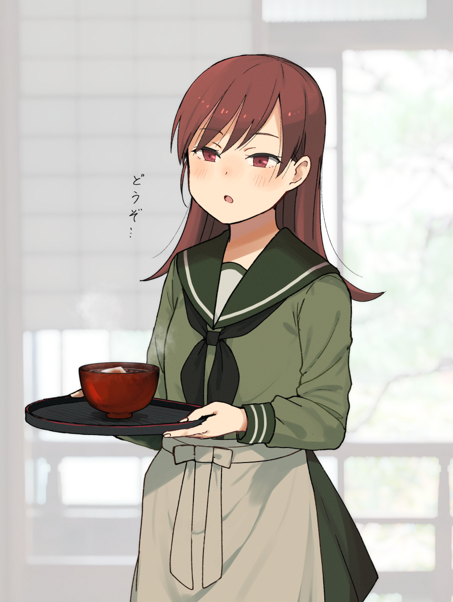 1girl annin_musou apron black_neckerchief bowl brown_eyes brown_hair commentary_request cowboy_shot food green_sailor_collar green_serafuku green_shirt green_skirt grey_apron highres holding kantai_collection long_hair long_sleeves mochi neckerchief ooi_(kancolle) sailor_collar school_uniform serafuku shirt shiruko_(food) skirt solo standing window