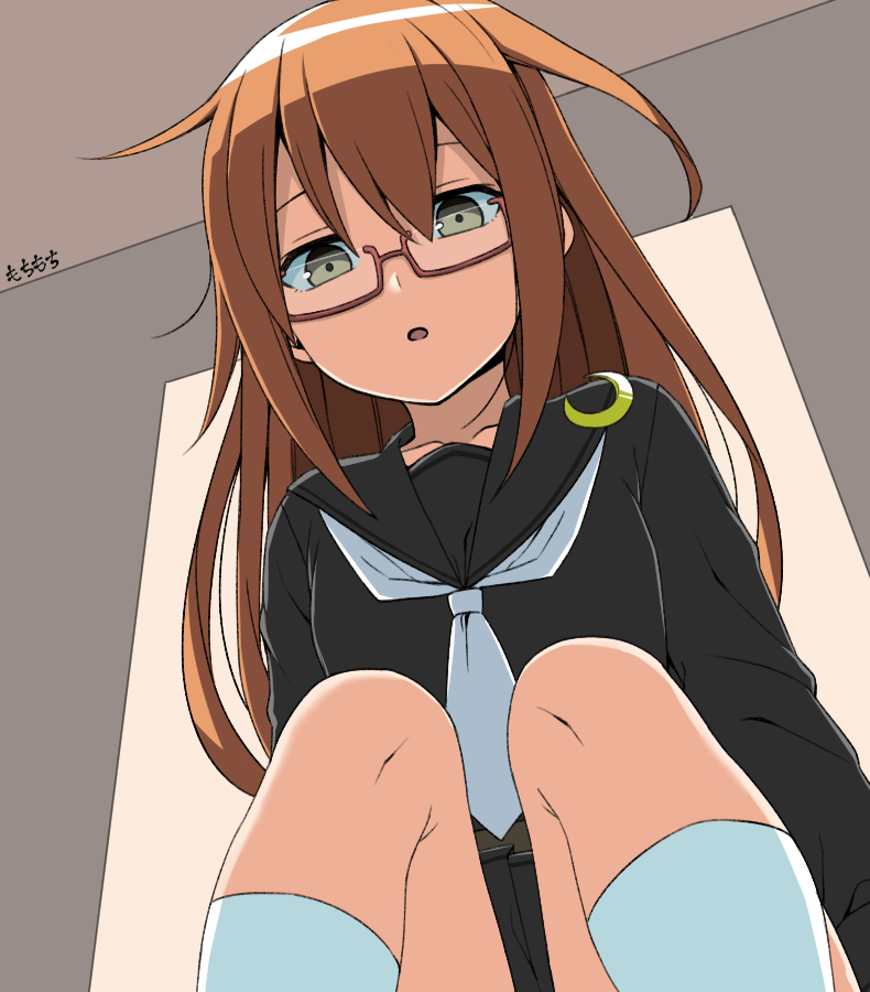 1girl artist_name bangs black_sailor_collar black_serafuku black_skirt brown_eyes brown_hair collarbone crescent crescent_pin glasses hair_between_eyes kantai_collection kneehighs long_hair long_sleeves mochizuki_(kancolle) moti_coi neckerchief one-hour_drawing_challenge open_mouth red-framed_eyewear sailor_collar school_uniform semi-rimless_eyewear serafuku signature skirt socks solo white_neckerchief white_socks