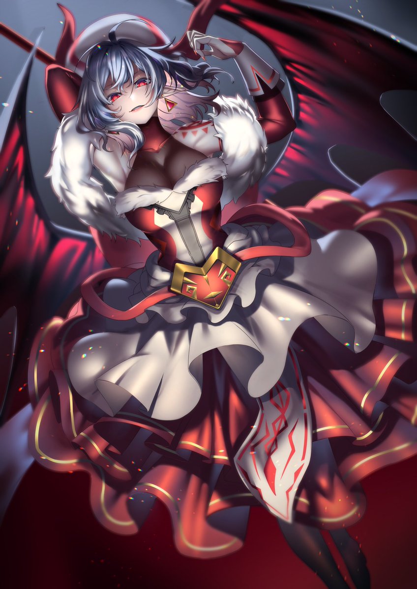 1girl bangs bat_wings blue_hair breasts cleavage curiosities_of_lotus_asia earrings fingernails fur_trim gloves hat hat_ribbon jewelry large_breasts long_fingernails looking_at_viewer official_alternate_costume parted_lips red_eyes red_nails red_ribbon remilia_scarlet ribbon short_hair shukusuri solo touhou white_gloves white_headwear wings