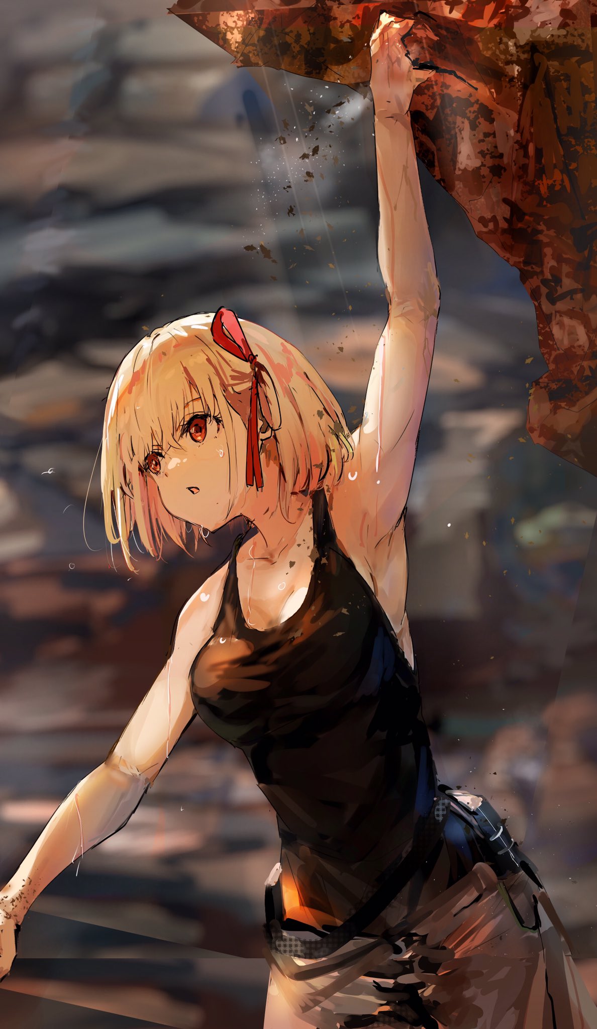 1girl :o armpits bangs bare_arms bare_shoulders belt black_pants black_tank_top blonde_hair blunt_bangs bob_cut breasts cleavage cliff climbing commentary commentary_request crossed_bangs english_commentary funi_mu9 hair_between_eyes hair_ribbon highres holding_on large_breasts looking_to_the_side lycoris_recoil medium_hair mission:_impossible mixed-language_commentary muscular muscular_female nishikigi_chisato pants parted_lips red_eyes red_ribbon ribbon rock sidelocks sleeveless sweat sweatdrop tank_top utility_belt