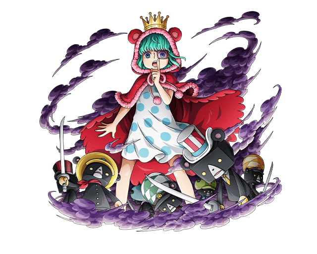 1girl animal_hood blue_eyes cloak cosplay crown dress green_hair hat holding holding_sword holding_weapon hood hooded_cloak medium_hair official_art one_piece one_piece_treasure_cruise polka_dot polka_dot_dress red_cloak smoke sugar_(one_piece) sword top_hat toy_soldier uncle_sam_tophat weapon white_dress