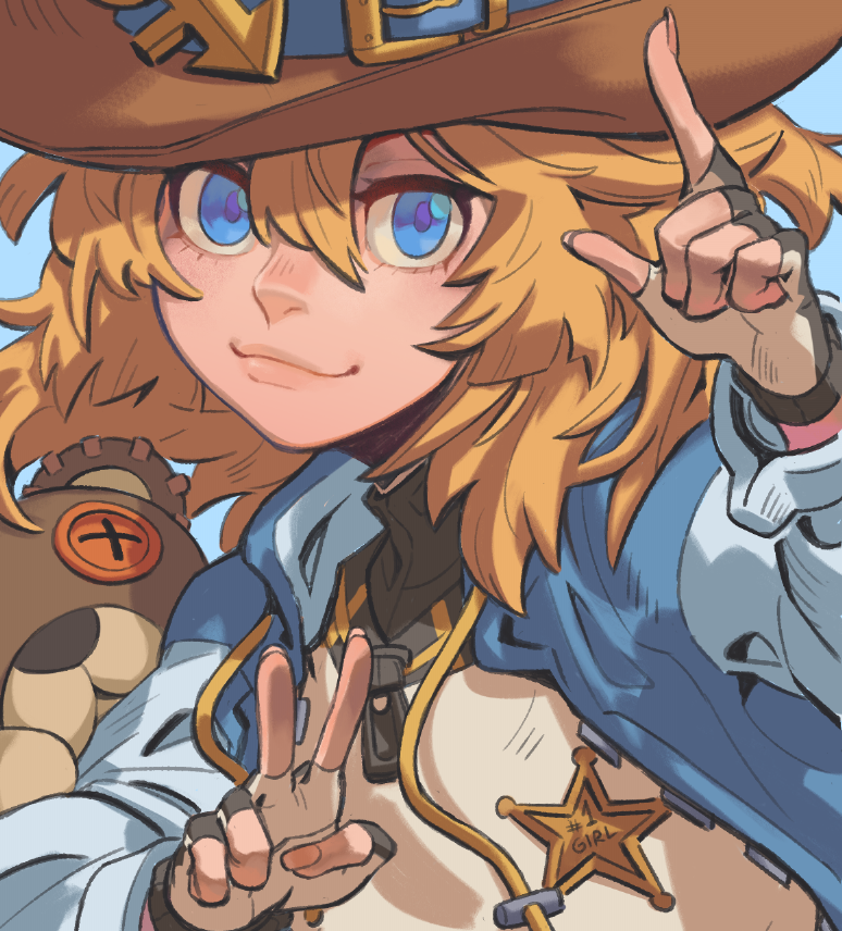 1girl androgyne_symbol blonde_hair blue_background blue_eyes blush bridget_(guilty_gear) brown_headwear closed_mouth cowboy_hat fingerless_gloves gloves guggy_(guirgaleo) guilty_gear guilty_gear_strive hat lips long_hair long_sleeves looking_at_viewer sheriff_badge simple_background smile solo upper_body v zipper_pull_tab