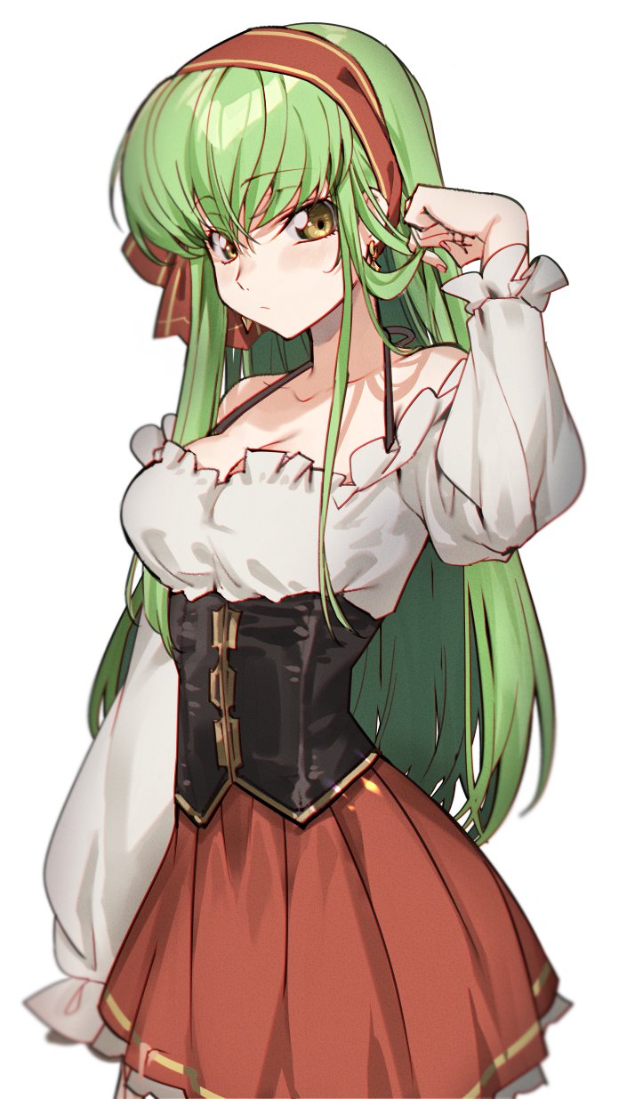 1girl bangs breasts c.c. cleavage code_geass collarbone commentary creayus english_commentary german_clothes green_hair hairband highres long_hair long_sleeves looking_at_viewer red_hairband shirt simple_background solo white_shirt yellow_eyes