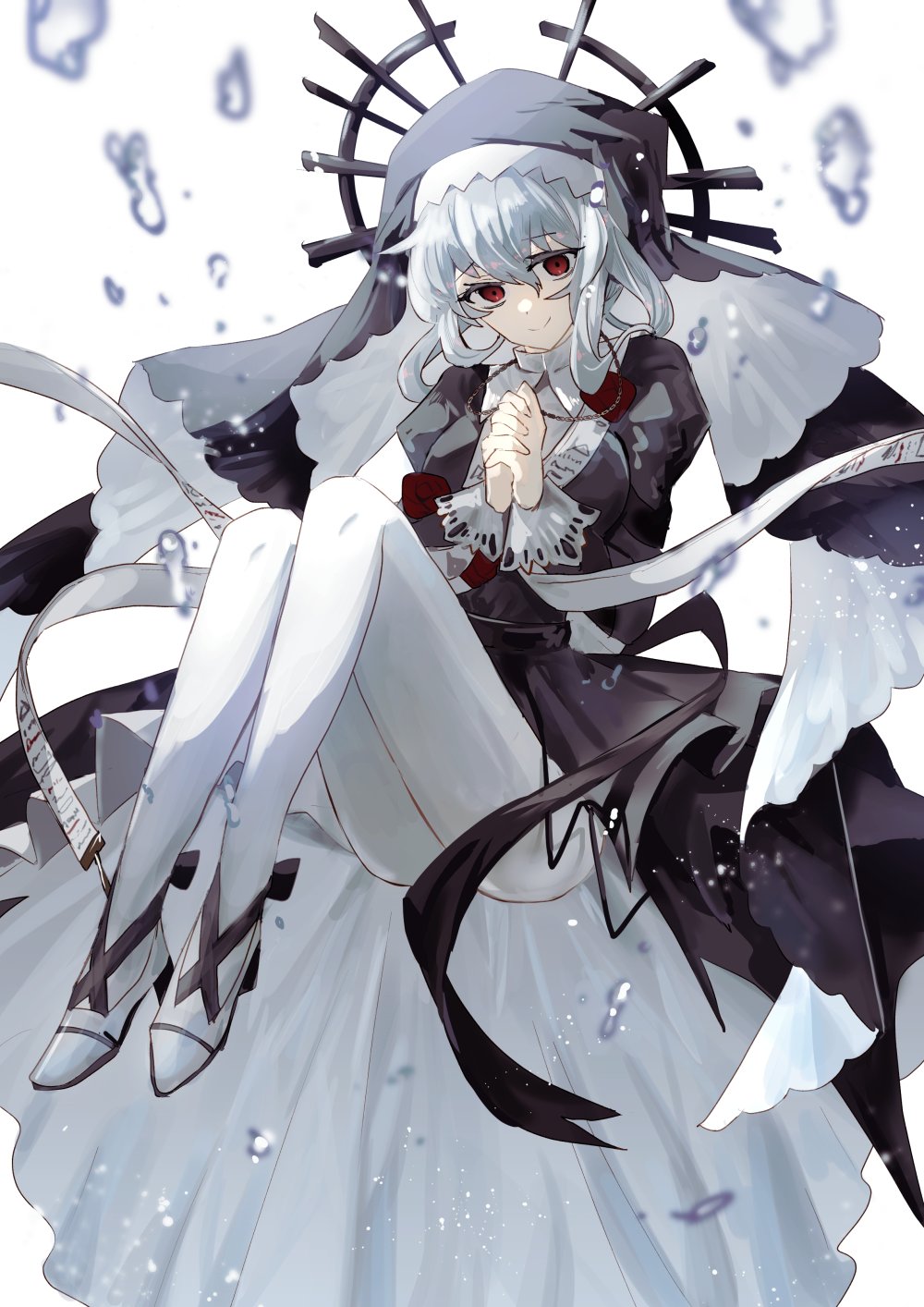 1girl air_bubble arknights bangs black_bow black_dress bow breasts bubble crown dress empty_eyes high_heels highres iwashi_80 jewelry juliet_sleeves large_breasts long_sleeves looking_at_viewer necklace nun own_hands_clasped own_hands_together pantyhose praying puffy_sleeves red_eyes shoes sidelocks simple_background smile solo specter_(arknights) specter_the_unchained_(arknights) veil white_background white_footwear white_hair white_pantyhose