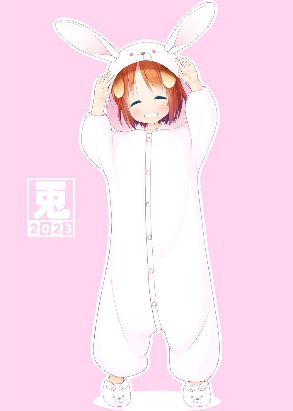 1girl 2023 ^_^ animal animal_costume animal_ears animal_hood animal_slippers arms_up bangs blush brown_hair bunny_slippers chinese_zodiac closed_eyes commentary_request dog_ears facing_viewer fake_animal_ears fang grin highres hood inuarashi meiko_(inuarashi) onesie original parted_bangs pink_background rabbit_costume rabbit_ears rabbit_hood shadow simple_background slippers smile solo white_footwear year_of_the_rabbit