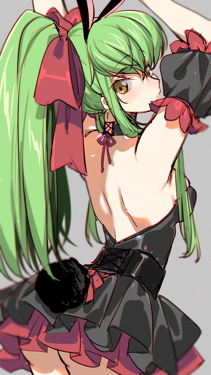 1girl animal_ears ass backless_dress backless_outfit bangs bare_back black_dress blush breasts c.c. code_geass commentary creayus dress fake_animal_ears fake_tail green_hair hairband highres long_hair looking_at_viewer looking_back rabbit_ears rabbit_tail sideboob simple_background solo symbol-only_commentary tail thighs yellow_eyes