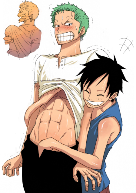 angry grin hand_under_clothes hands_under_clothes male_focus monkey_d_luffy multiple_boys one_piece roronoa_zoro shirt_lift smile syui white_background yaoi