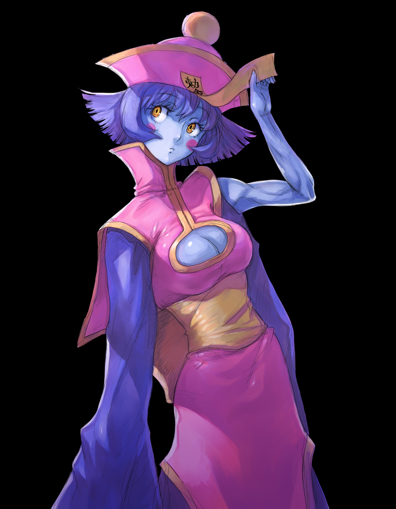 blue_hair blue_skin boyaking breasts chinese_clothes cleavage cleavage_cutout flipped_hair jiangshi large_breasts lei_lei short_hair solo vampire_(game)