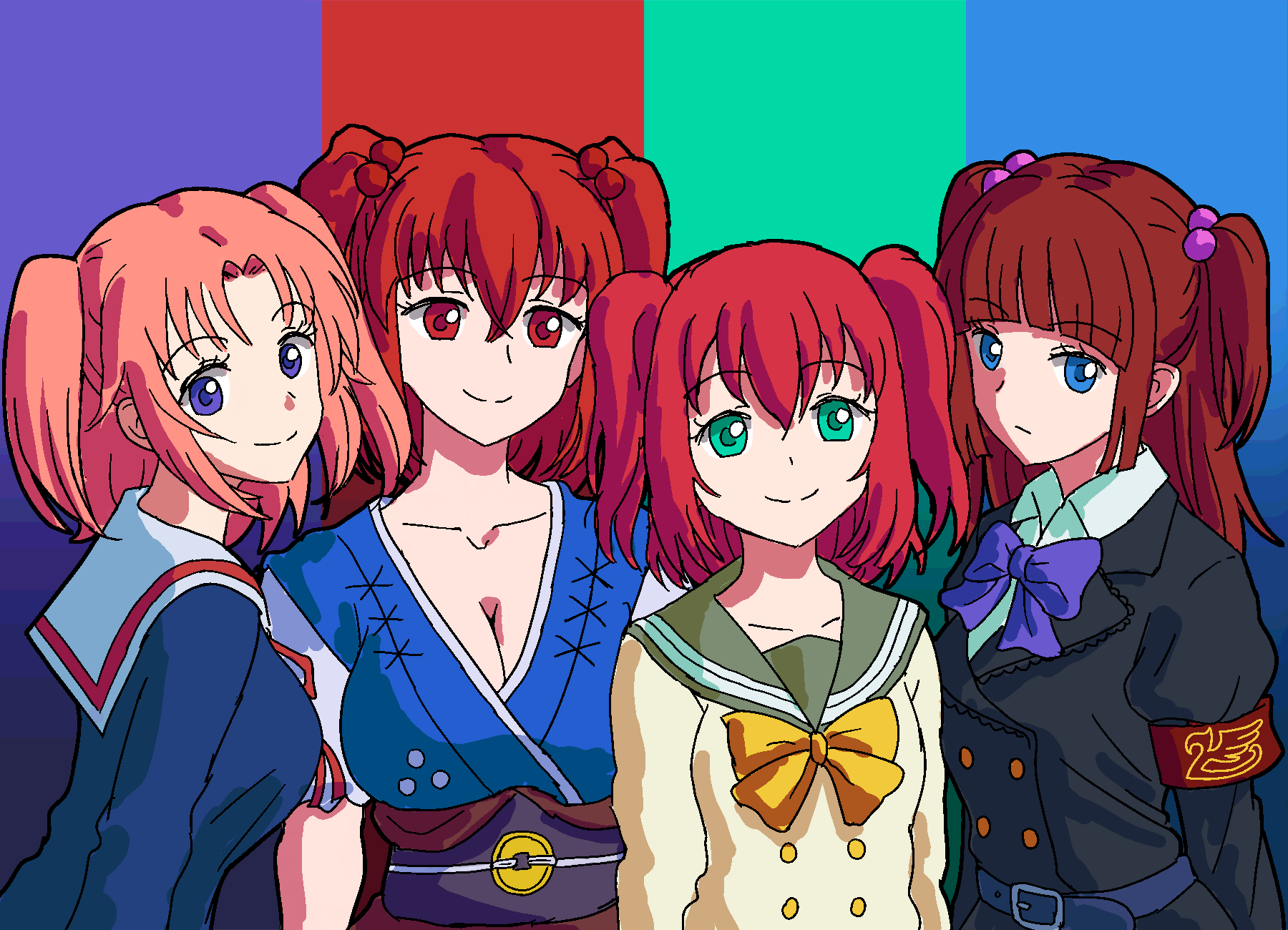 4girls armband bangs belt blue_belt blue_eyes breasts brown_hair buttons cleavage closed_mouth coin collarbone double-breasted expressionless green_eyes hair_bobbles hair_ornament hairstyle_connection highres jaggy_lines kurosawa_ruby large_breasts long_sleeves looking_at_viewer love_live! love_live!_sunshine!! mikakunin_de_shinkoukei multicolored_background multiple_girls onozuka_komachi purple_eyes red_eyes red_hair sailor_collar sash short_hair smile split_mouth touhou two_side_up umineko_no_naku_koro_ni upper_body ushiromiya_ange white_sailor_collar yonomori_kobeni zawabug