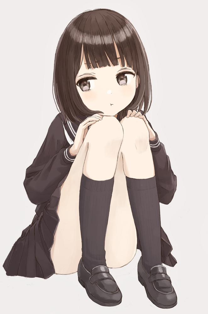1girl :t bangs black_footwear black_sailor_collar black_serafuku black_shirt black_skirt black_socks blouse blunt_bangs bob_cut brown_eyes brown_hair closed_mouth dot_nose eyebrows_hidden_by_hair facing_viewer frown full_body furrowed_brow grey_background hands_on_own_knees hands_up kneehighs knees_together_feet_apart knees_up light_blush loafers long_sleeves looking_away looking_to_the_side miniskirt narrowed_eyes nasuna neckerchief original pale_skin pleated_skirt pout puffy_long_sleeves puffy_sleeves sailor_collar school_uniform serafuku shirt shoes short_hair simple_background sitting skirt socks solo sparkling_eyes straight_hair upset white_neckerchief