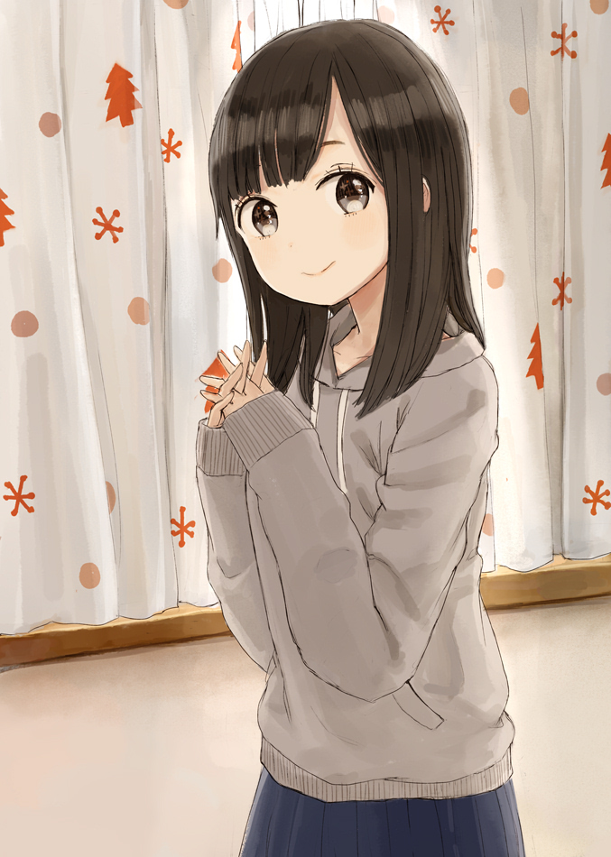 1girl :&gt; bangs black_eyes black_hair blue_skirt blunt_bangs christmas_tree_print closed_mouth collarbone cowboy_shot curtains dot_nose drawstring eyebrows_hidden_by_hair grey_eyes grey_hoodie hands_up hood hood_down hoodie indoors light_blush long_hair long_sleeves looking_at_viewer looking_to_the_side nasuna original own_hands_clasped own_hands_together pleated_skirt print_curtains sidelighting skirt sleeves_past_wrists smile snowflake_print solo sparkling_eyes split_mouth standing straight_hair sunlight swept_bangs tree_print window