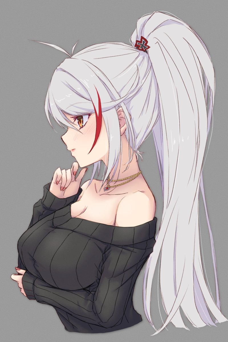 1girl ahoge arm_under_breasts azur_lane bangs bare_shoulders black_sweater breasts brown_eyes cleavage collarbone fingernails from_side grey_background hand_on_own_chin highres jewelry large_breasts long_hair multicolored_hair necklace ponytail prinz_eugen_(azur_lane) red_hair red_nails ribbed_sweater solo streaked_hair sweater thinking upper_body very_long_hair waa!_okami white_hair