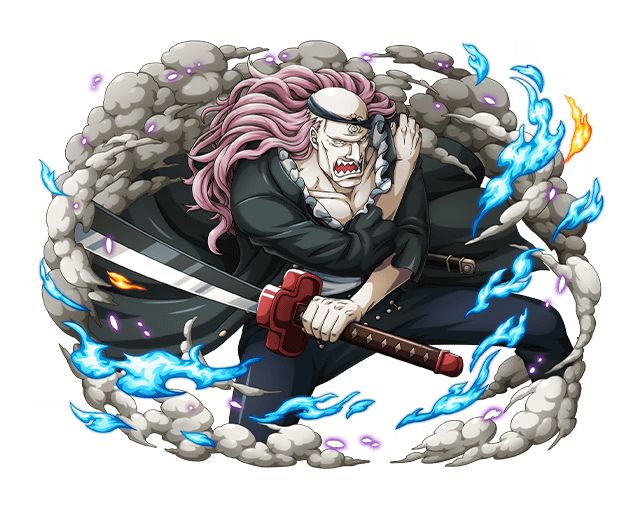 1boy black_robe blue_fire fire holding holding_sword holding_weapon long_hair male_focus official_art one_piece one_piece_treasure_cruise open_mouth pink_hair robe sharp_teeth solo squardo sword teeth weapon