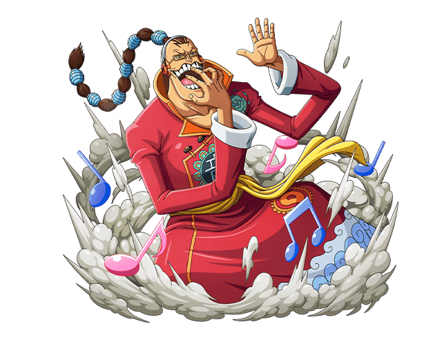 1boy chinese_clothes glasses long_hair male_focus musical_note official_art one_piece one_piece_treasure_cruise open_mouth ponytail red_robe robe sash scratchmen_apoo solo teeth yellow_sash