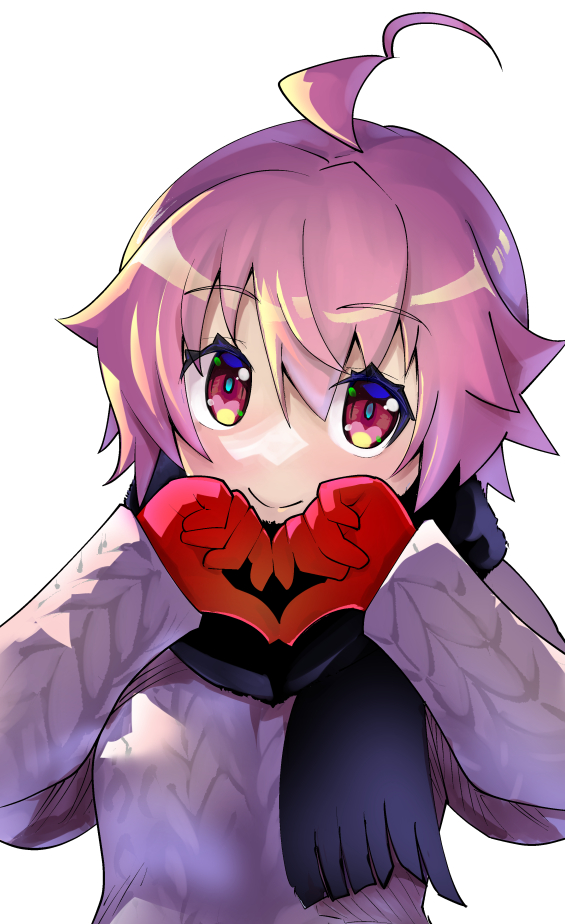 1girl ahoge aino_heart arcana_heart bangs black_scarf closed_mouth commentary_request gloves looking_at_viewer pink_hair red_eyes red_gloves scarf short_hair simple_background smile solo sweater takashi_moritaka upper_body white_background