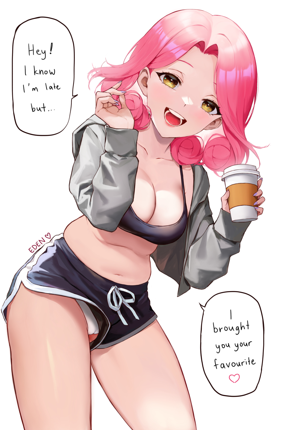 1girl :d artist_name black_shorts breasts cameltoe cleavage coffee_cup commentary cowboy_shot cropped_jacket cup disposable_cup dolphin_shorts eden_(shiroki_yuutsu) english_commentary english_text fingernails highres holding holding_cup jacket leaning_forward looking_at_viewer medium_breasts medium_hair open_clothes open_jacket original panties pantyshot pink_hair short_shorts shorts simple_background smile solo speech_bubble sports_bra teeth underwear upshorts vanilla_(eden_(shiroki_yuutsu)) white_background white_panties yellow_eyes