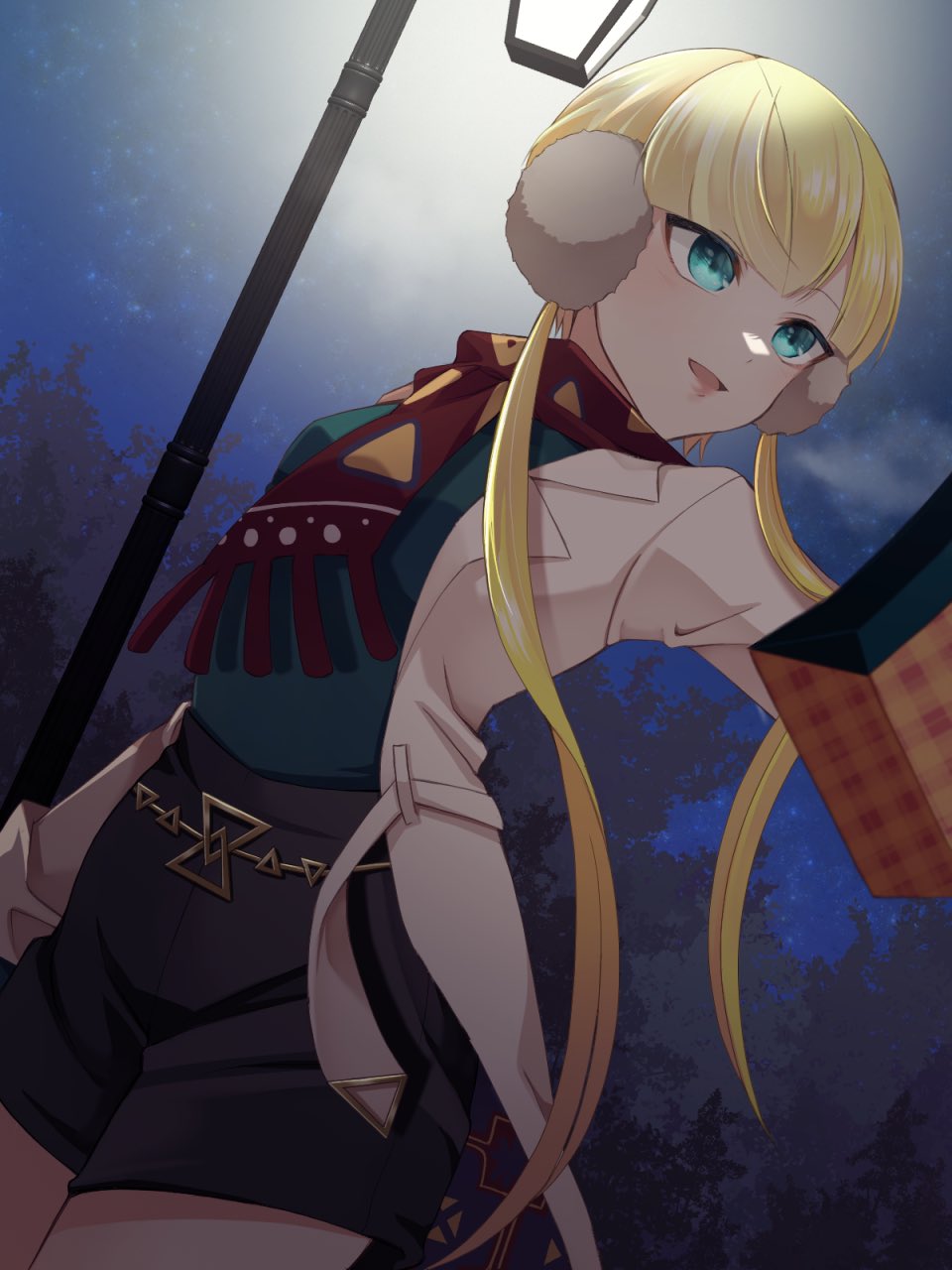 1girl bangs belt blonde_hair coat commentary_request earmuffs elesa_(palentine's_2023)_(pokemon) elesa_(pokemon) green_eyes green_shirt highres lamppost looking_to_the_side mochi_(g_mochi) night official_alternate_costume open_clothes open_coat open_mouth outdoors pokemon pokemon_(game) pokemon_masters_ex red_scarf scarf shirt shorts sky sleeves_rolled_up smile solo yellow_belt