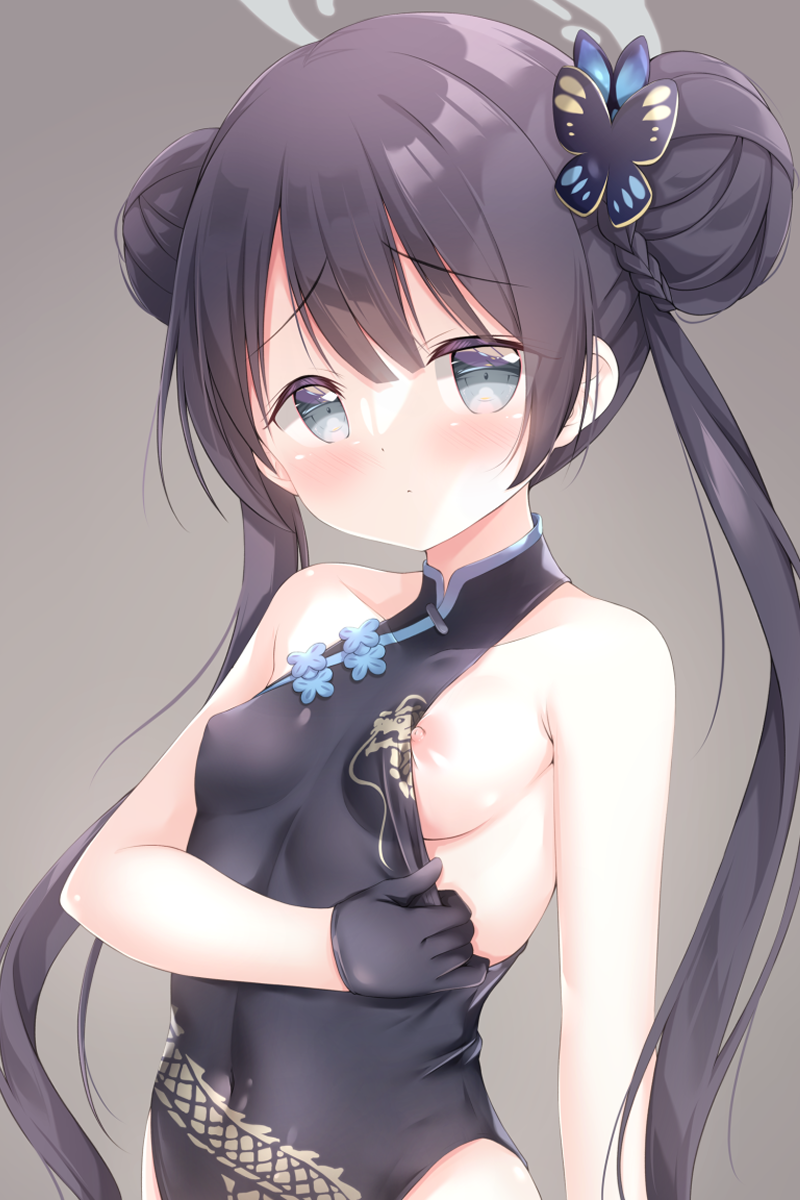 1girl bangs bare_arms bare_shoulders black_dress black_gloves black_hair blue_archive blue_flower blush braid braided_bun breasts butterfly_hair_ornament closed_mouth commentary_request covered_navel double_bun dress flashing flower gloves grey_background grey_eyes hair_bun hair_ornament halo highres kisaki_(blue_archive) long_hair nipples one_breast_out oppai_challenge renew_vivi simple_background sleeveless sleeveless_dress small_breasts solo twintails upper_body very_long_hair