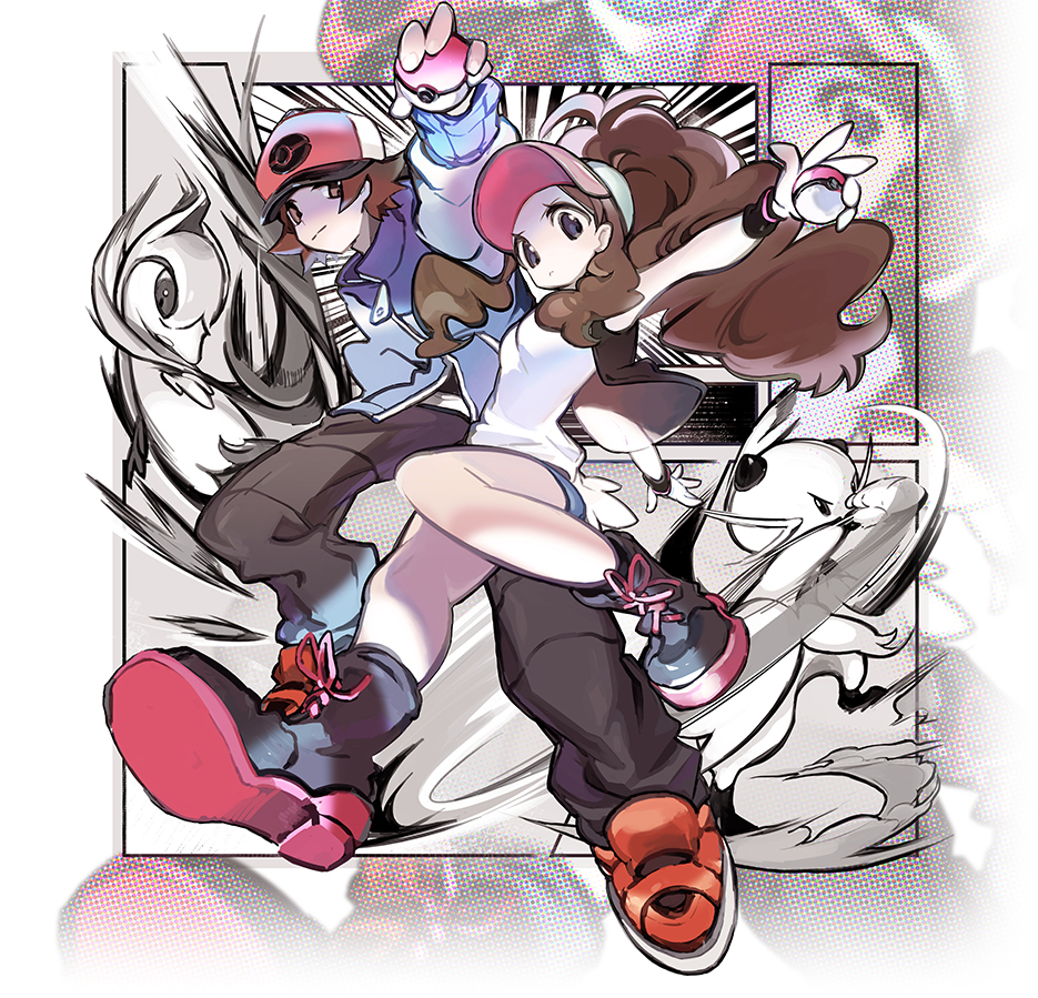 1boy 1girl antenna_hair baggy_pants baseball_cap boots brown_eyes brown_hair closed_mouth commentary dewott hat high_ponytail hilbert_(pokemon) hilda_(pokemon) holding holding_poke_ball jacket lillin looking_down open_clothes open_vest pants poke_ball poke_ball_(basic) pokemon pokemon_(game) pokemon_bw red_footwear red_headwear servine shirt shoes short_hair short_shorts shorts sidelocks vest white_headwear white_shirt wristband zipper_pull_tab