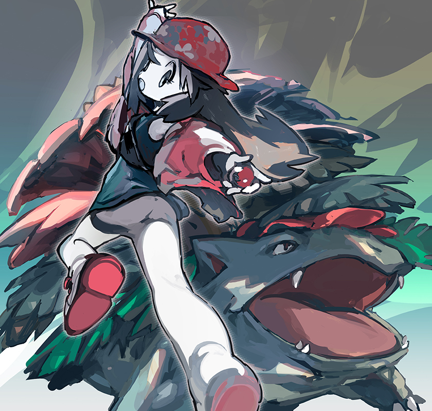 1girl :o alternate_color arm_up bangs bare_legs brown_hair eyelashes from_below green_shirt grey_shorts hat holding holding_poke_ball jacket leaf_(pokemon) leaf_(sygna_suit)_(pokemon) leg_up lillin long_hair long_sleeves looking_down mega_pokemon mega_venusaur official_alternate_costume open_clothes open_jacket open_mouth pink_headwear pink_jacket poke_ball poke_ball_(basic) pokemon pokemon_(creature) pokemon_(game) pokemon_masters_ex shirt shoe_soles shoes shorts venusaur